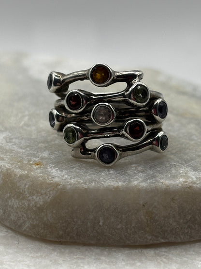925 Sterling Silver Multi Gem Bubble Ring - Size P