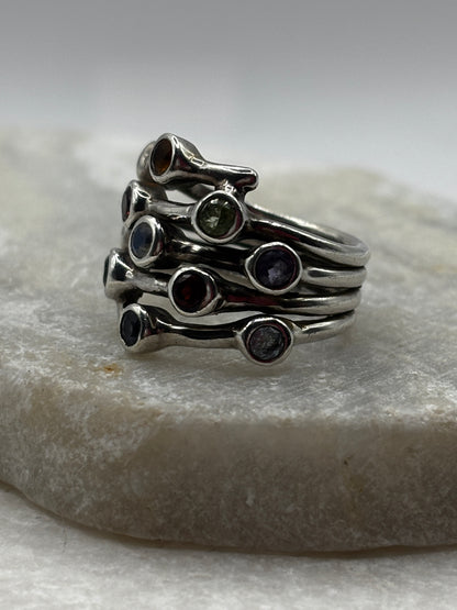 925 Sterling Silver Multi Gem Bubble Ring - Size P