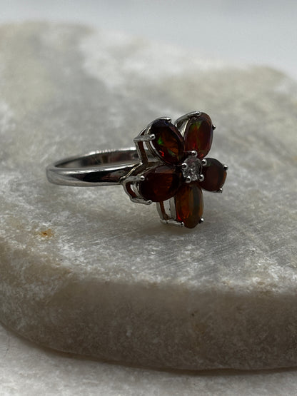 925 Sterling Silver Opal Floral Ring - Size M