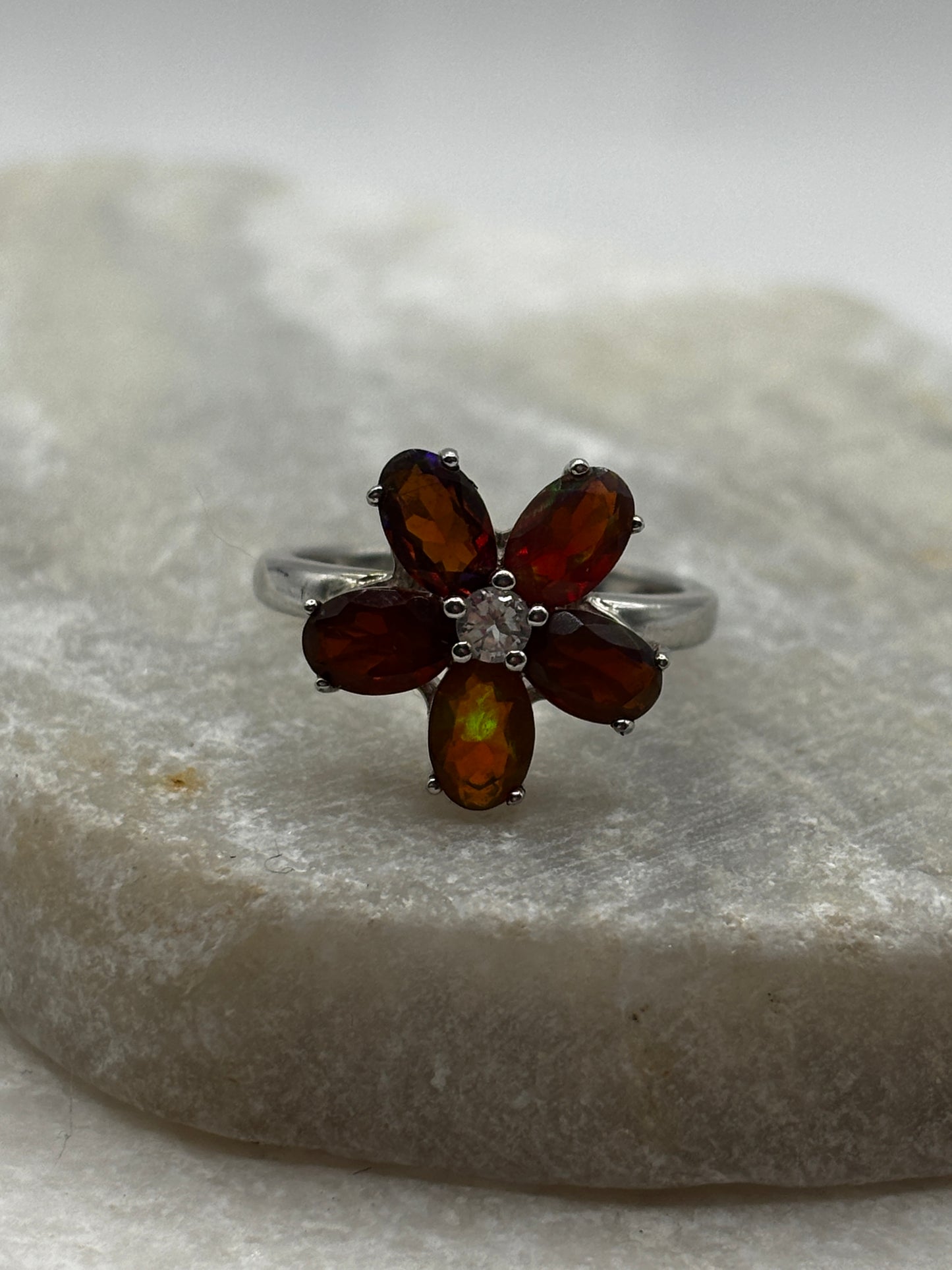 925 Sterling Silver Opal Floral Ring - Size M