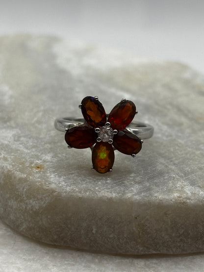 925 Sterling Silver Opal Floral Ring - Size M