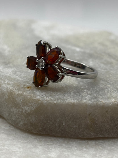 925 Sterling Silver Opal Floral Ring - Size M