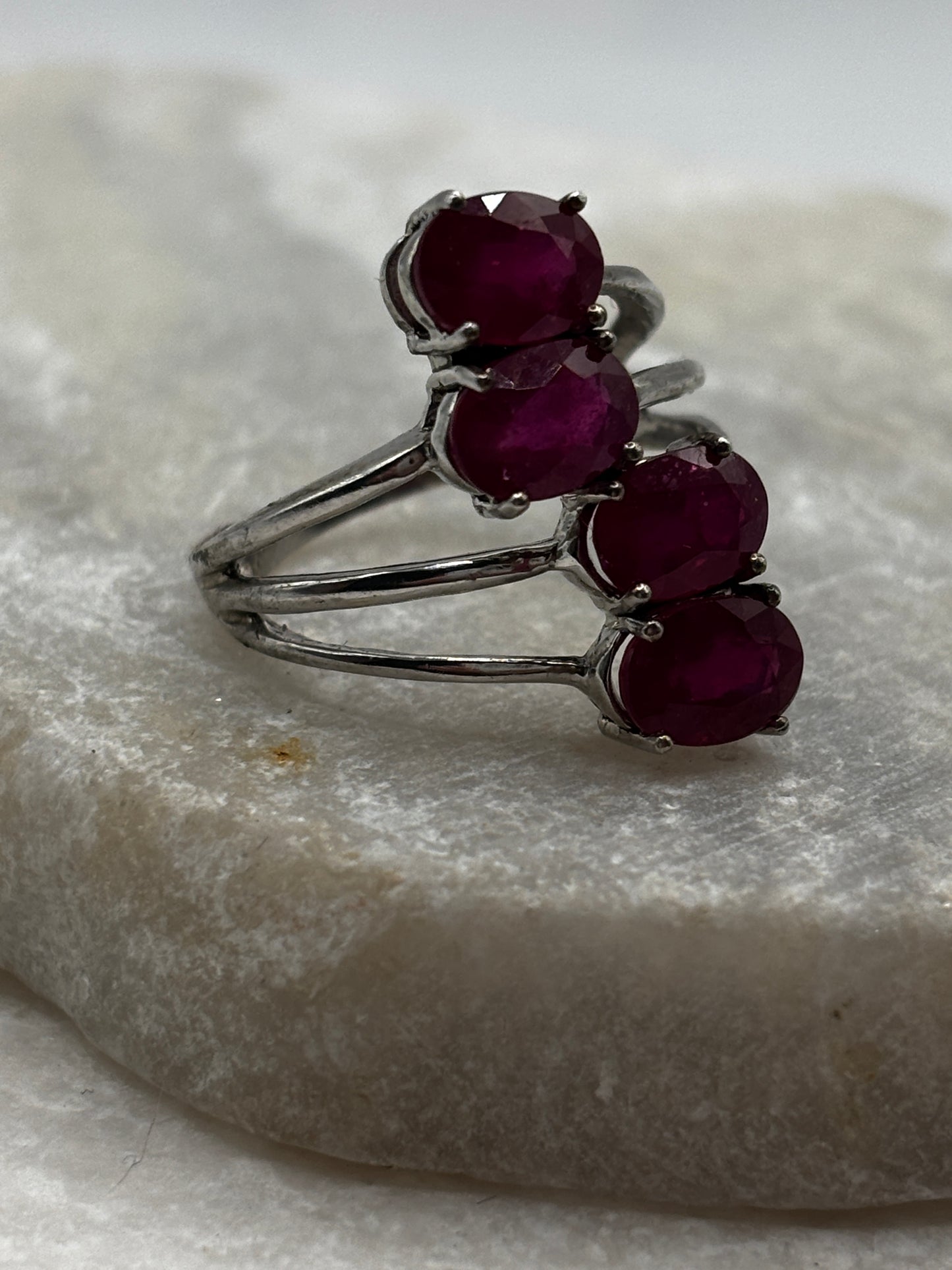 925 Sterling Silver Five Cluster Ruby Ring - Size M