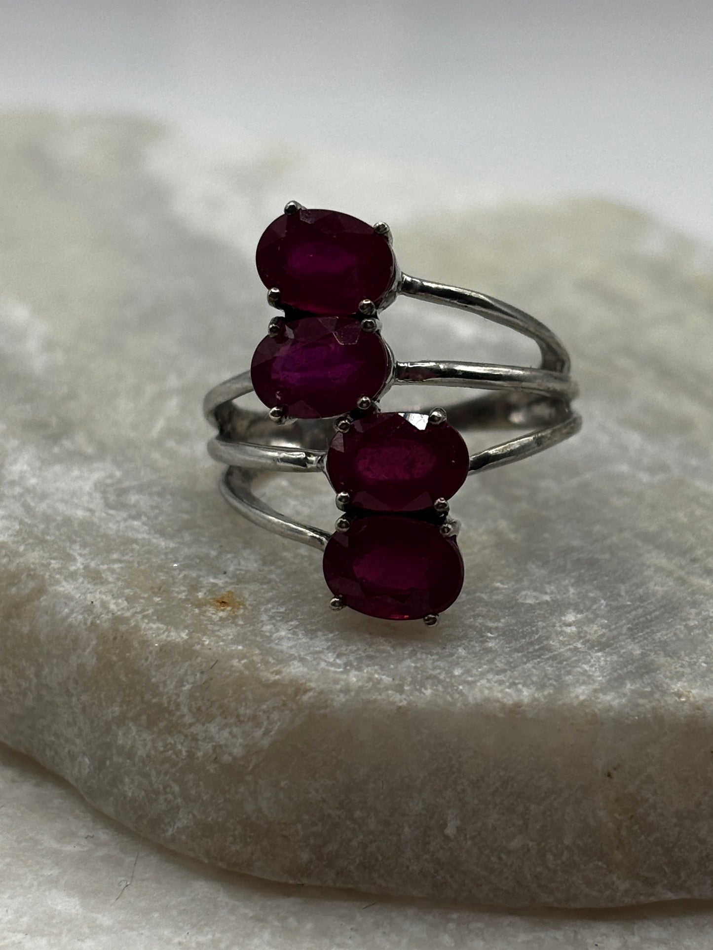 925 Sterling Silver Five Cluster Ruby Ring - Size M