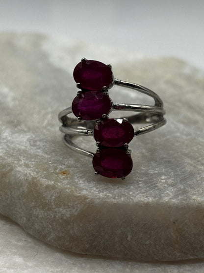 925 Sterling Silver Five Cluster Ruby Ring - Size M