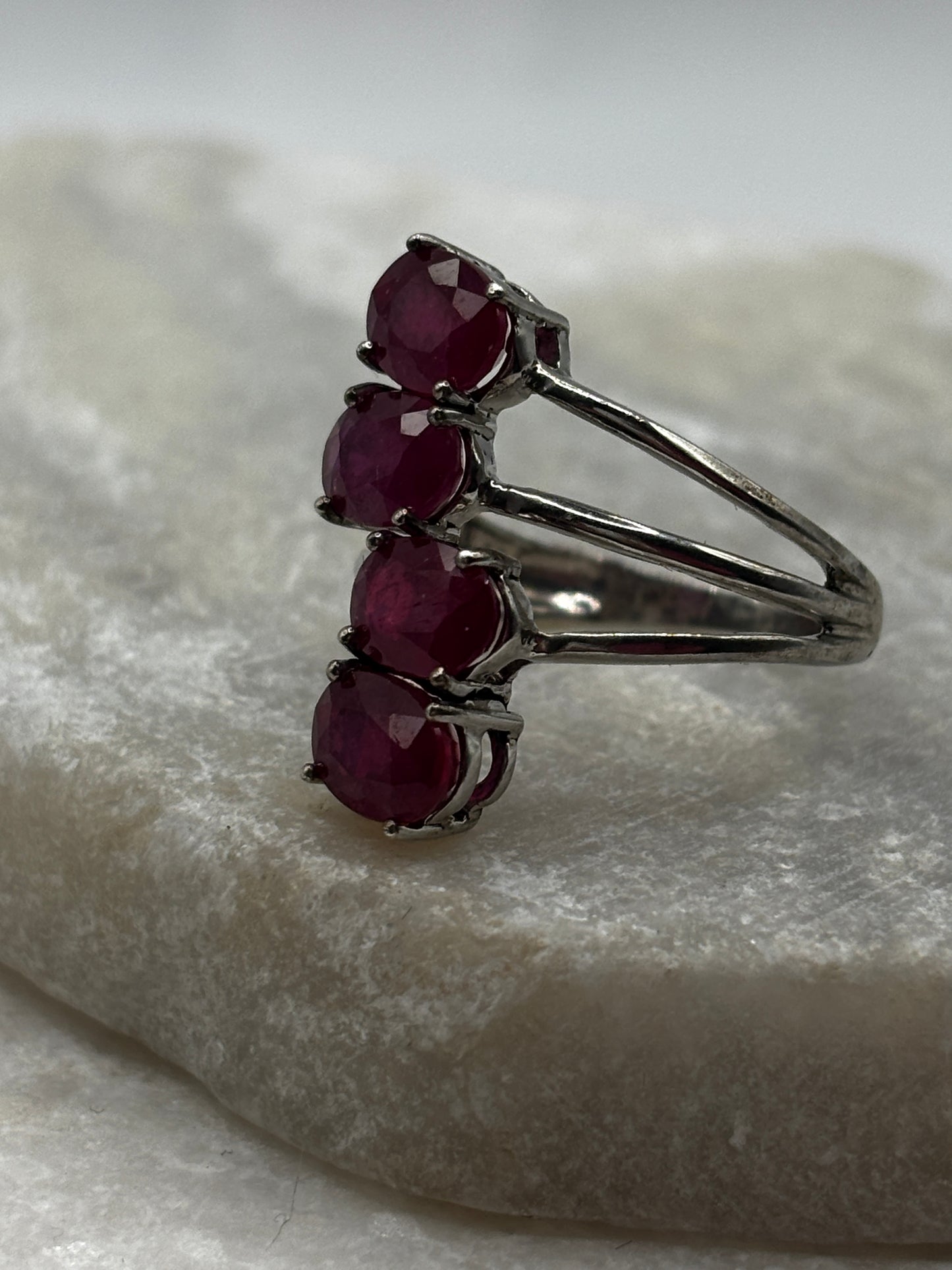 925 Sterling Silver Five Cluster Ruby Ring - Size M