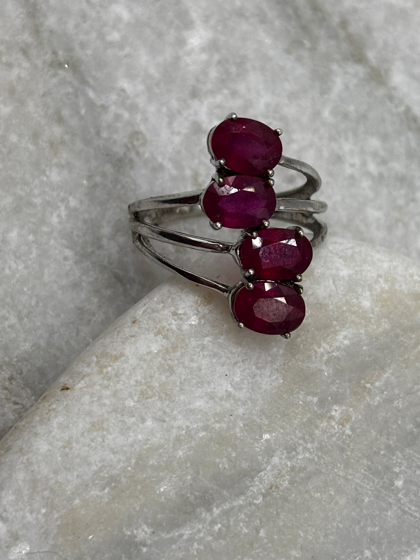 925 Sterling Silver Five Cluster Ruby Ring - Size M