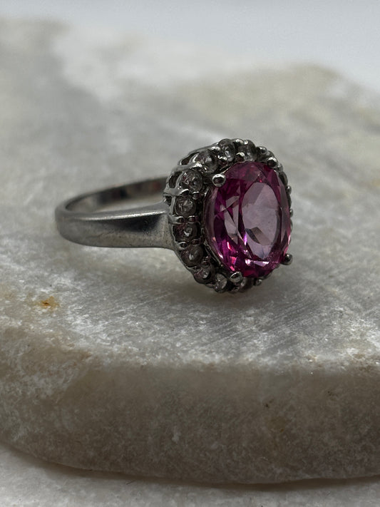 925 Sterling Silver Pink Sapphire and Zircon Halo Ring - Size O