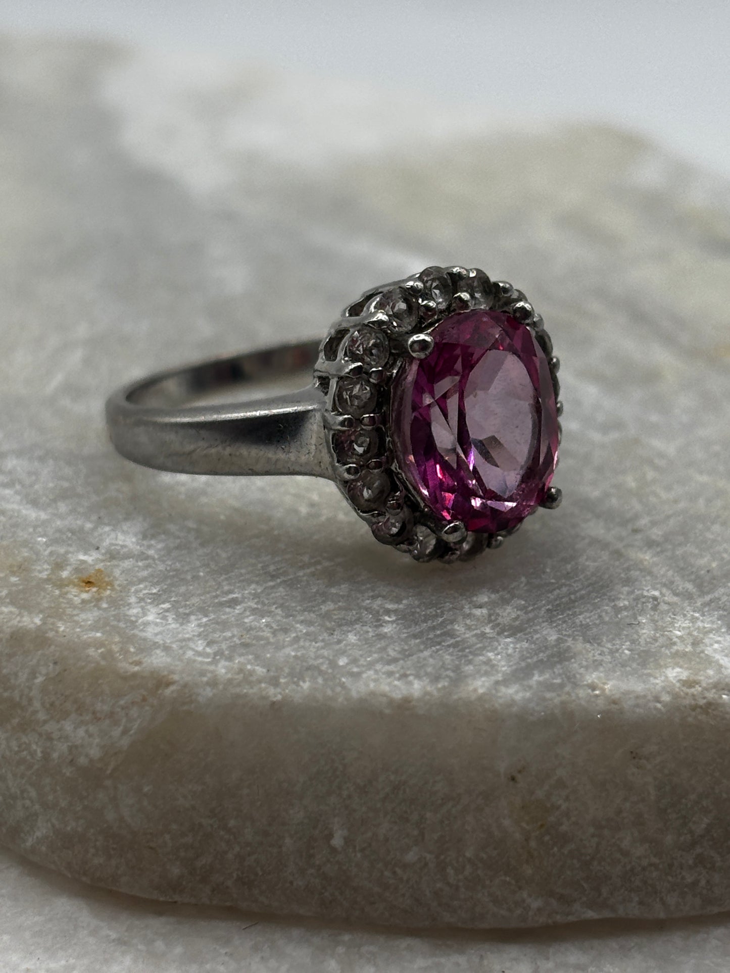 925 Sterling Silver Pink Sapphire and White Topaz Halo Ring - Size O