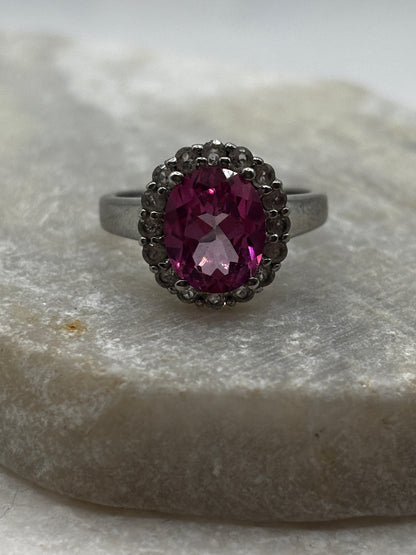 925 Sterling Silver Pink Sapphire and White Topaz Halo Ring - Size O