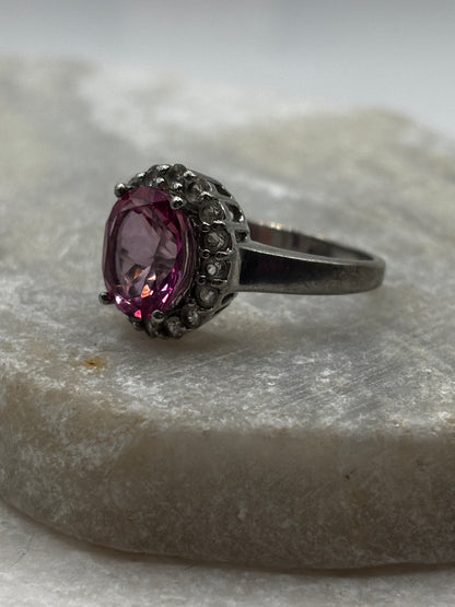 925 Sterling Silver Pink Sapphire and White Topaz Halo Ring - Size O
