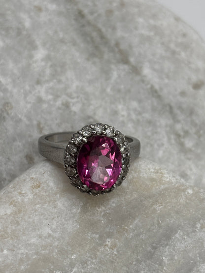 925 Sterling Silver Pink Sapphire and White Topaz Halo Ring - Size O