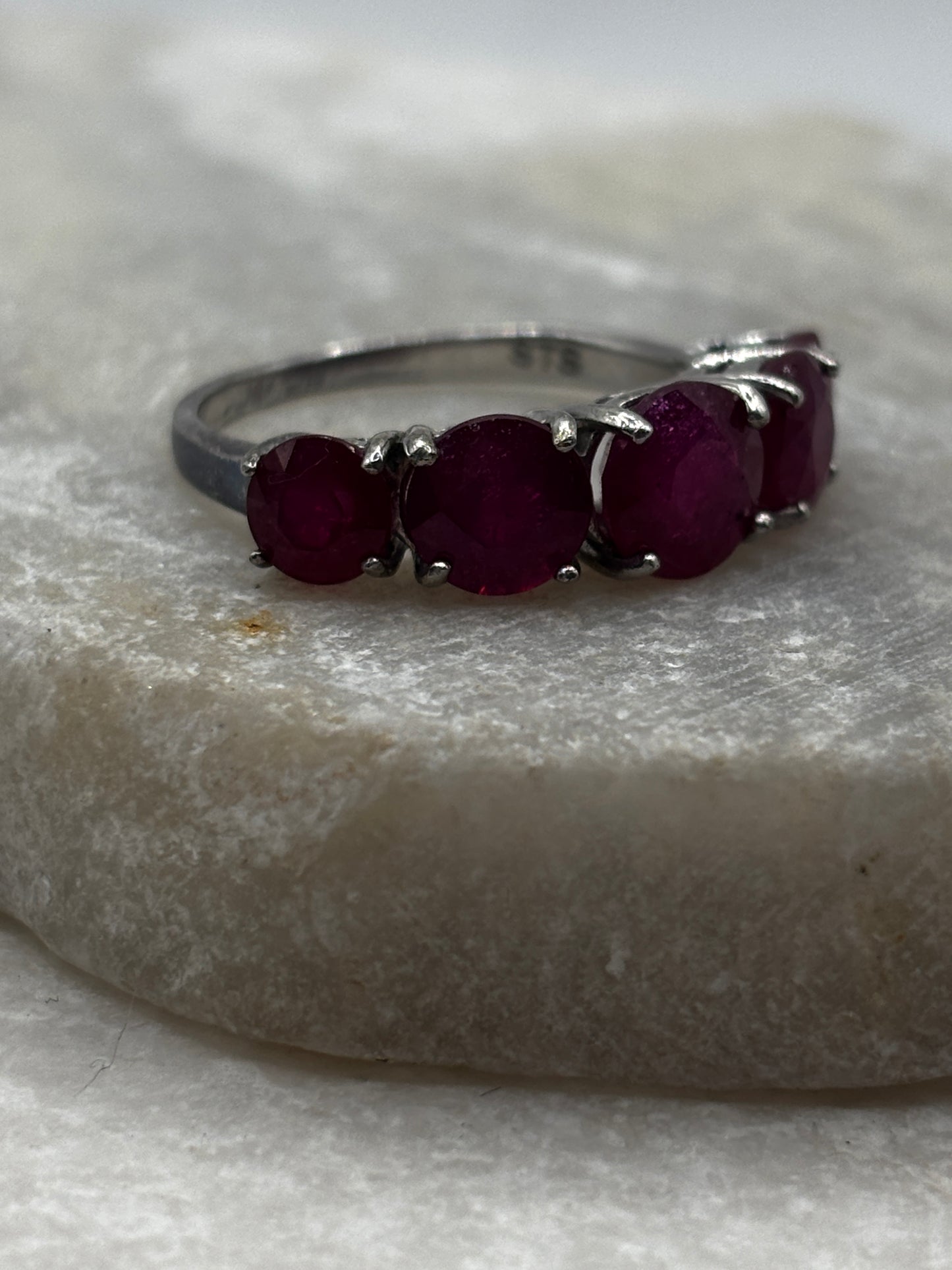 925 Sterling Silver Five Stone Ruby Half Eternity Ring - Size O