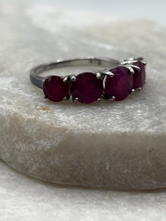 925 Sterling Silver Five Stone Ruby Half Eternity Ring - Size O