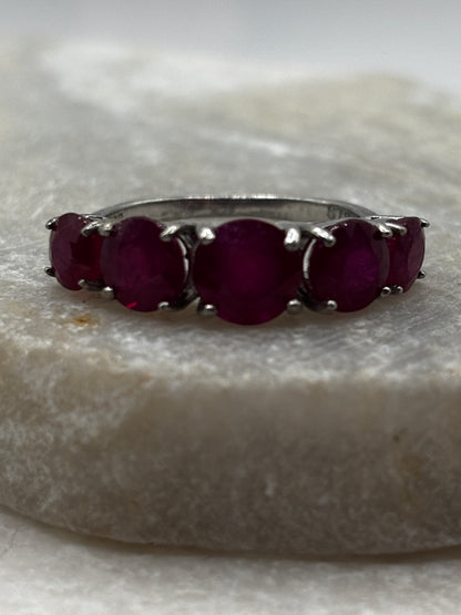 925 Sterling Silver Five Stone Ruby Half Eternity Ring - Size O