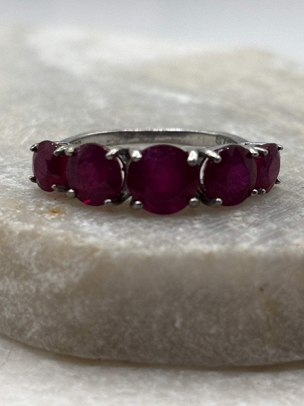 925 Sterling Silver Five Stone Ruby Half Eternity Ring - Size O
