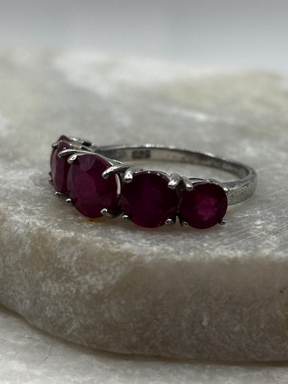 925 Sterling Silver Five Stone Ruby Half Eternity Ring - Size O