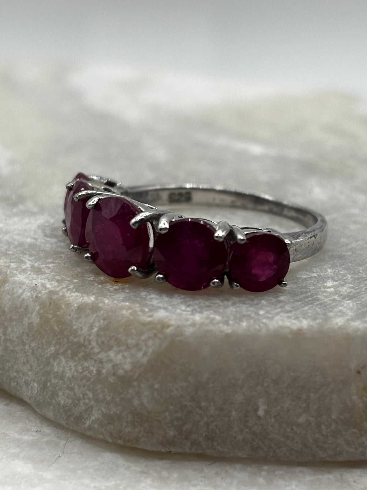 925 Sterling Silver Five Stone Ruby Half Eternity Ring - Size O