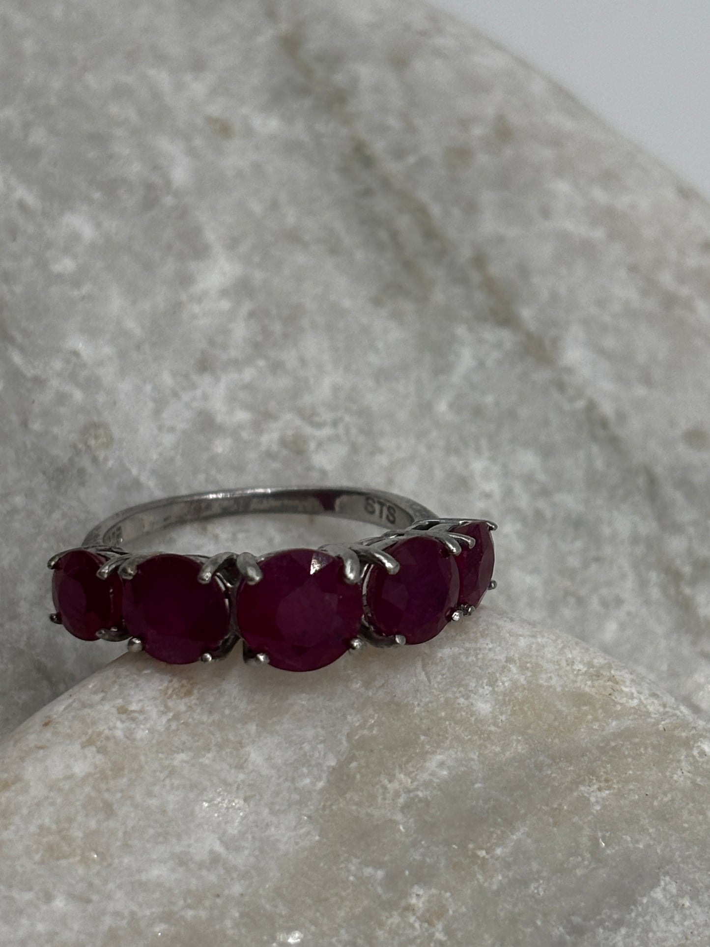 925 Sterling Silver Five Stone Ruby Half Eternity Ring - Size O