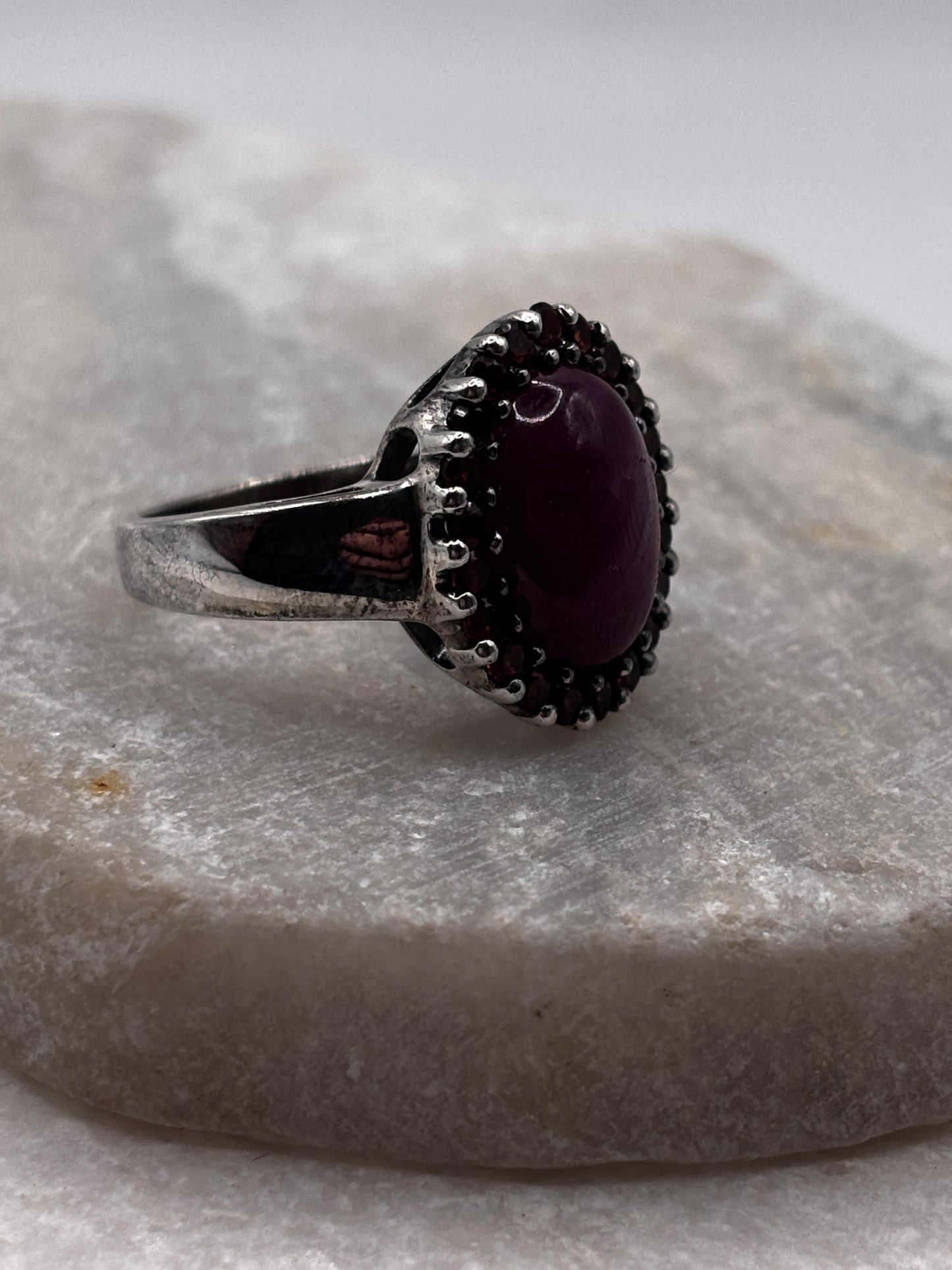 925 Sterling Silver Natural Ruby and Garnet Halo Ring - Size O