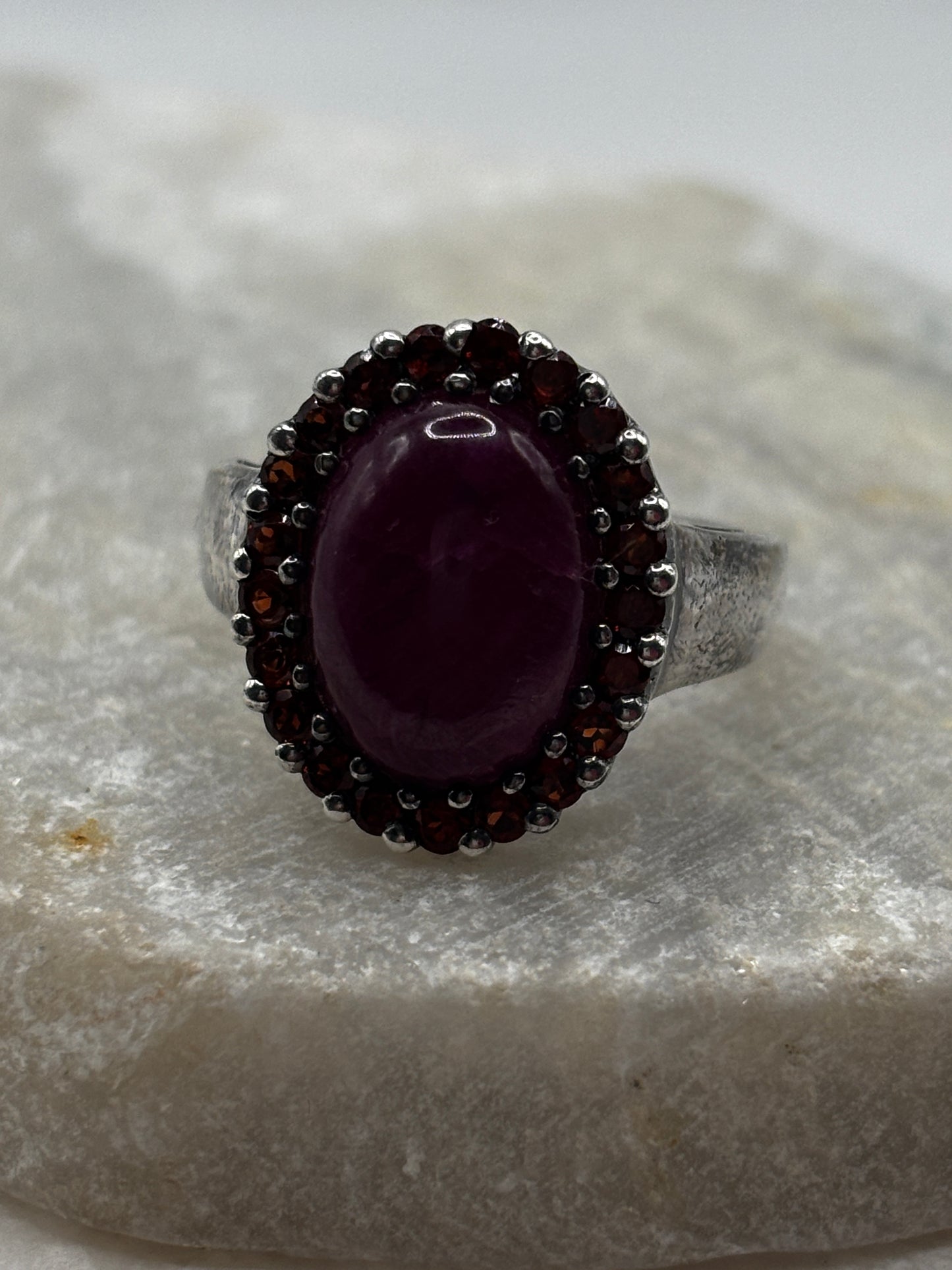 925 Sterling Silver Natural Ruby and Garnet Halo Ring - Size O