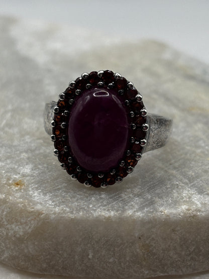 925 Sterling Silver Natural Ruby and Garnet Halo Ring - Size O