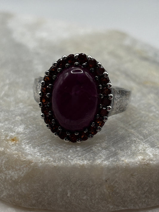 925 Sterling Silver Natural Ruby and Garnet Halo Ring - Size O