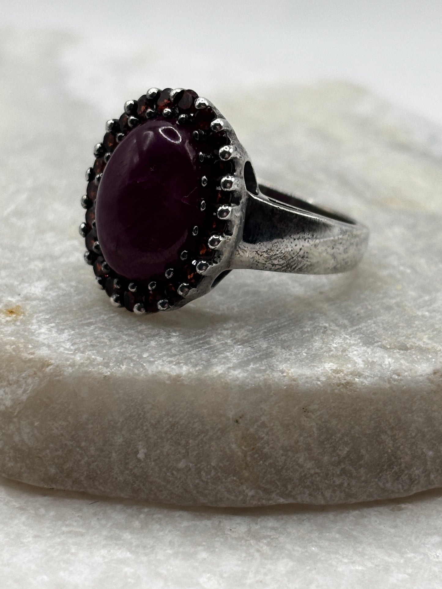 925 Sterling Silver Natural Ruby and Garnet Halo Ring - Size O
