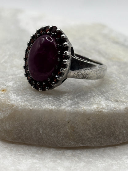 925 Sterling Silver Natural Ruby and Garnet Halo Ring - Size O