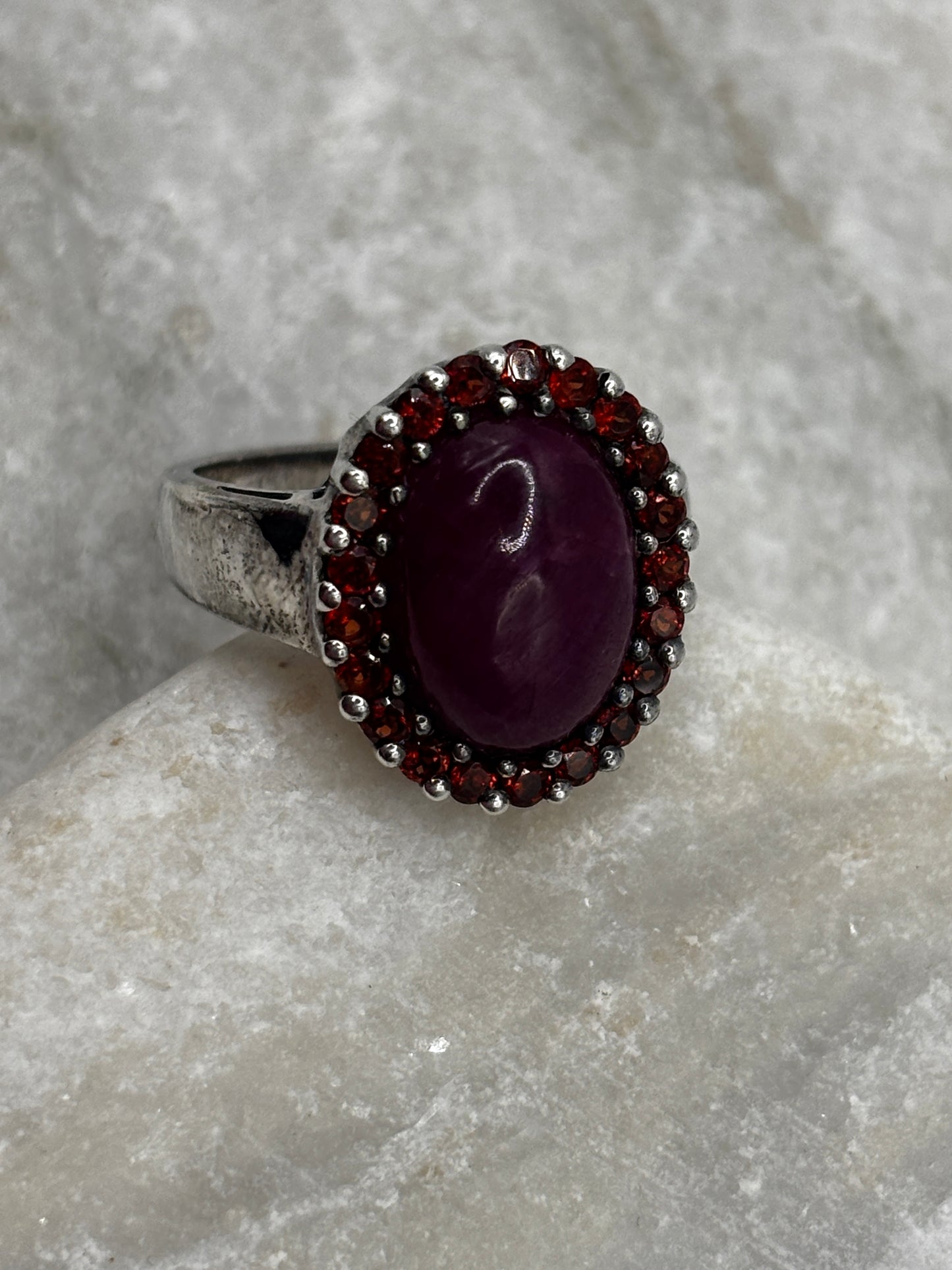 925 Sterling Silver Natural Ruby and Garnet Halo Ring - Size O
