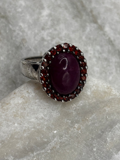 925 Sterling Silver Natural Ruby and Garnet Halo Ring - Size O