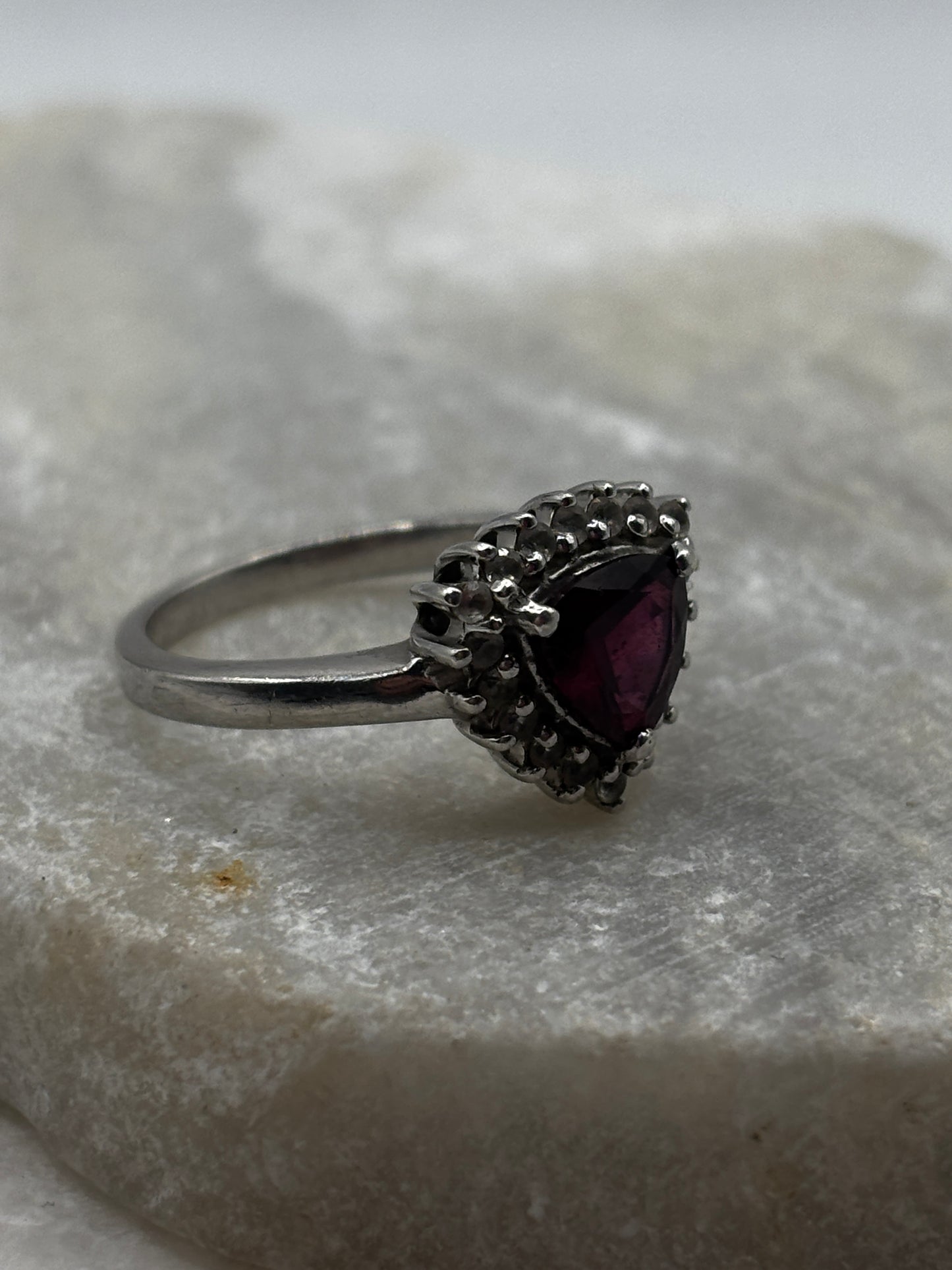 925 Sterling Silver Garnet and White Topaz Triangle Halo Ring - Size O