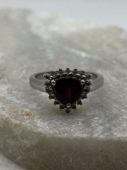 925 Sterling Silver Garnet and White Topaz Triangle Halo Ring - Size O