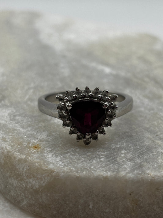 925 Sterling Silver Garnet and White Topaz Triangle Halo Ring - Size O