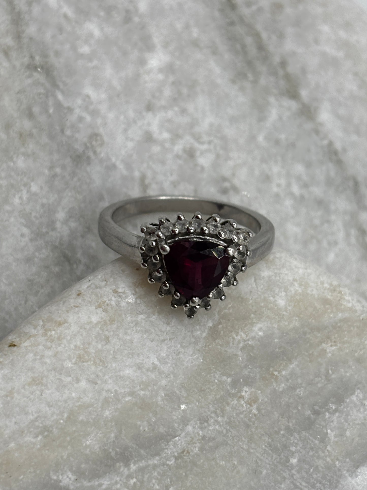 925 Sterling Silver Garnet and White Topaz Triangle Halo Ring - Size O