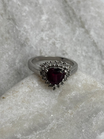 925 Sterling Silver Garnet and White Topaz Triangle Halo Ring - Size O