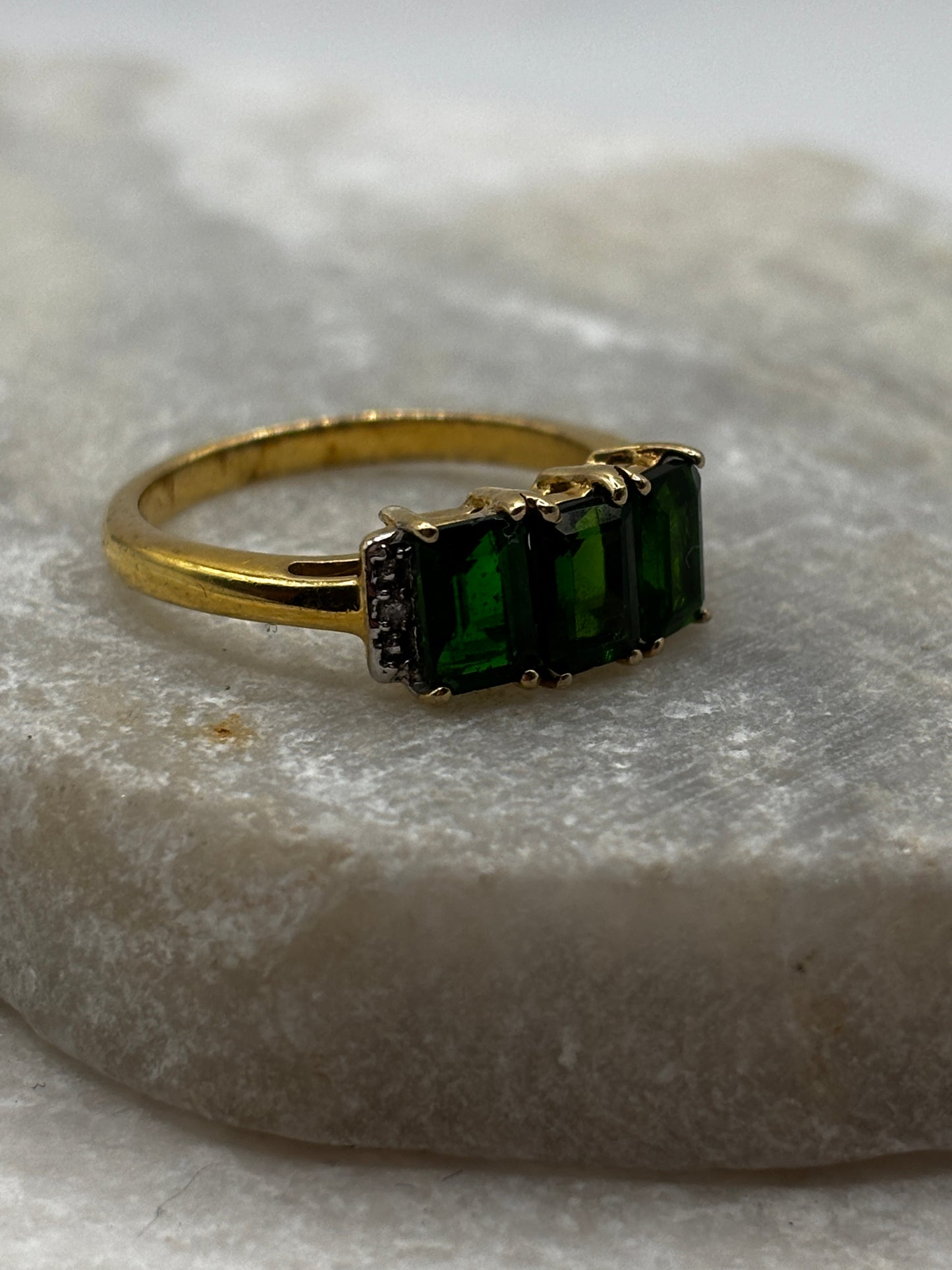 925 Sterling Silver Gilded Chrome Diopside & Diamond Trilogy Ring - Size O