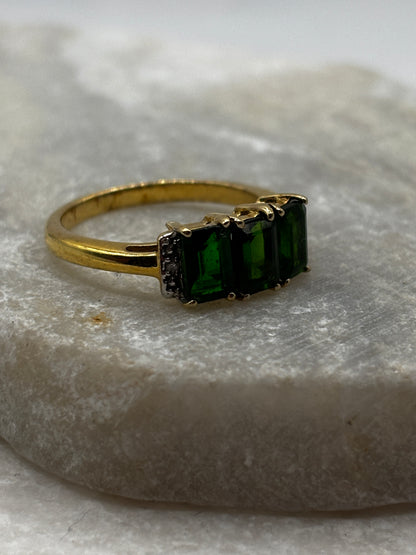925 Sterling Silver Gilded Chrome Diopside & Diamond Trilogy Ring - Size O