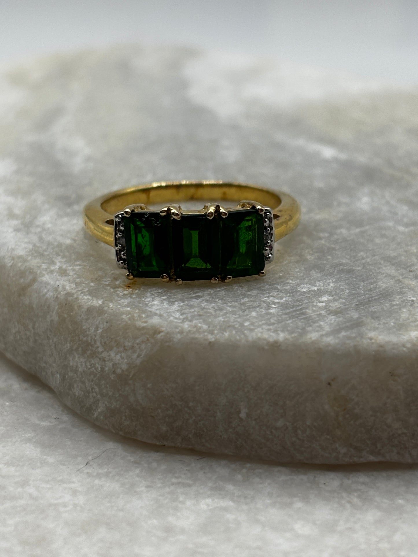 925 Sterling Silver Gilded Chrome Diopside & Diamond Trilogy Ring - Size O