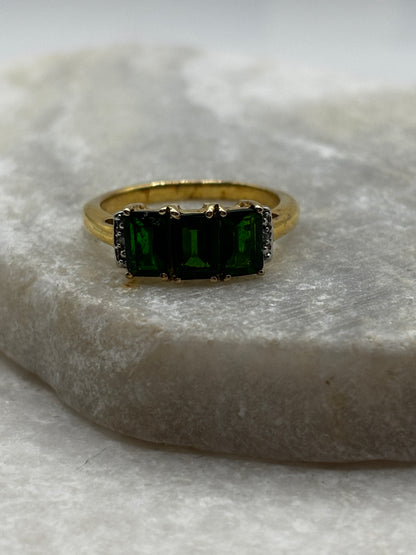 925 Sterling Silver Gilded Chrome Diopside & Diamond Trilogy Ring - Size O