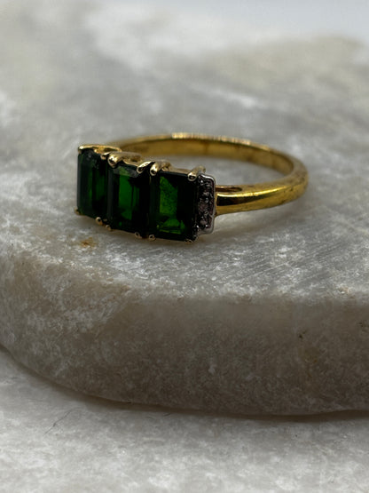 925 Sterling Silver Gilded Chrome Diopside & Diamond Trilogy Ring - Size O