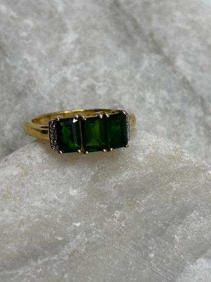 925 Sterling Silver Gilded Chrome Diopside & Diamond Trilogy Ring - Size O