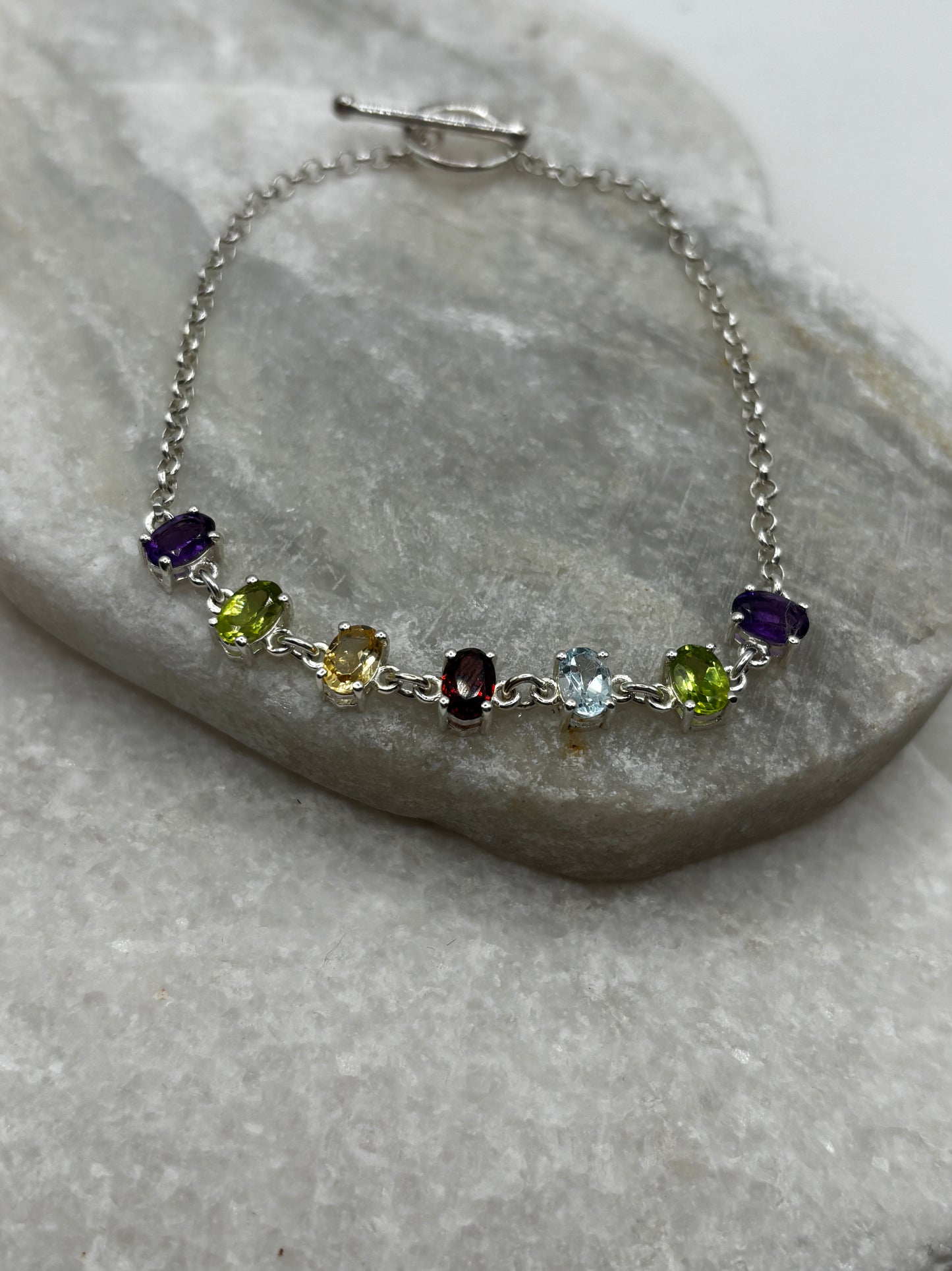 925 Sterling Silver Multi Gem T-Bar Bracelet - including amethyst, peridot, citrine, garnet and topaz