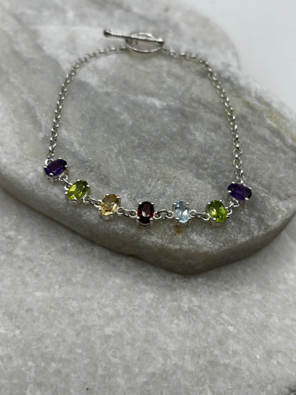 925 Sterling Silver Multi Gem T-Bar Bracelet - including amethyst, peridot, citrine, garnet and topaz