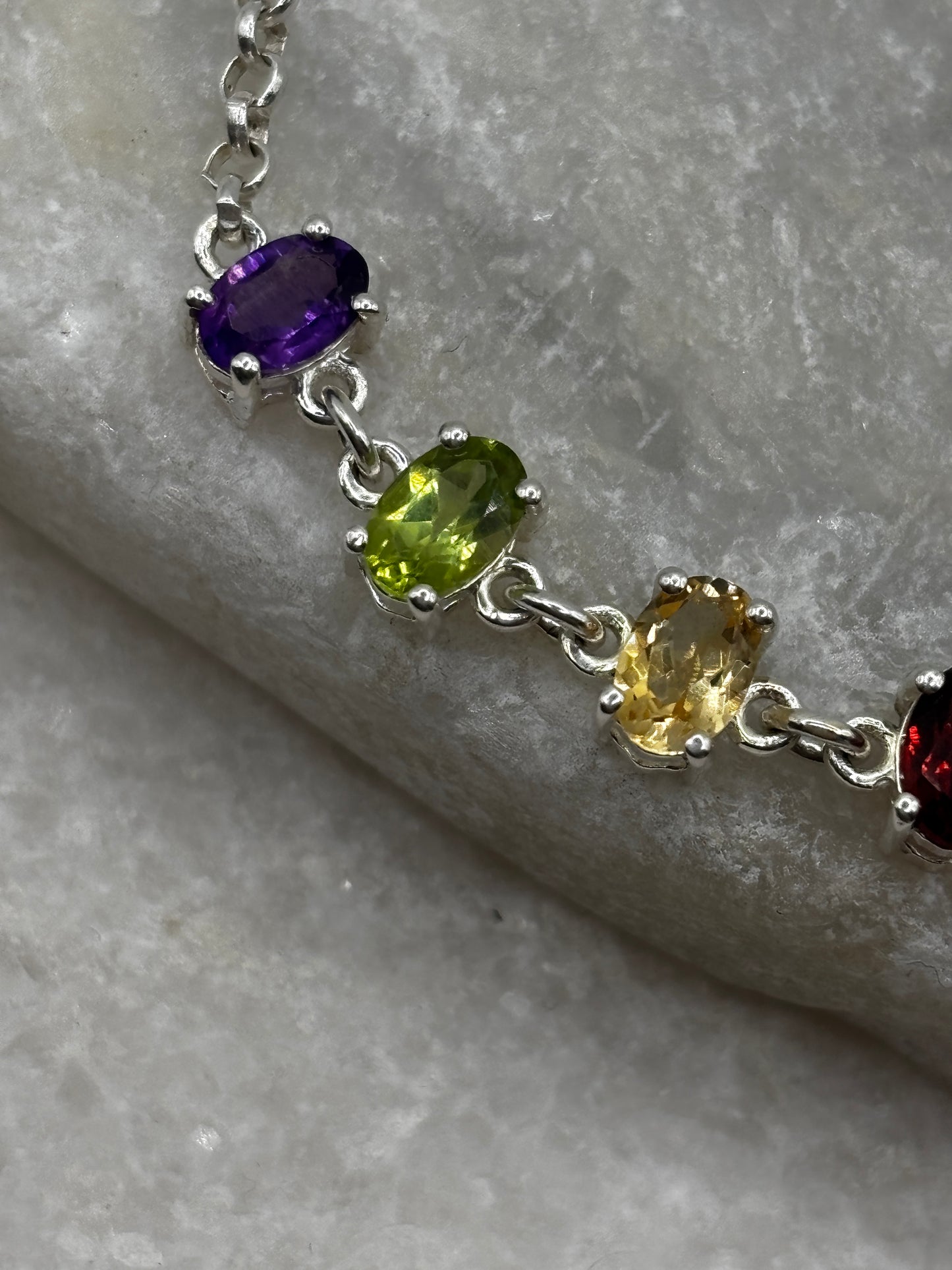 925 Sterling Silver Multi Gem T-Bar Bracelet - including amethyst, peridot, citrine, garnet and topaz