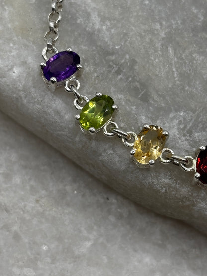 925 Sterling Silver Multi Gem T-Bar Bracelet - including amethyst, peridot, citrine, garnet and topaz