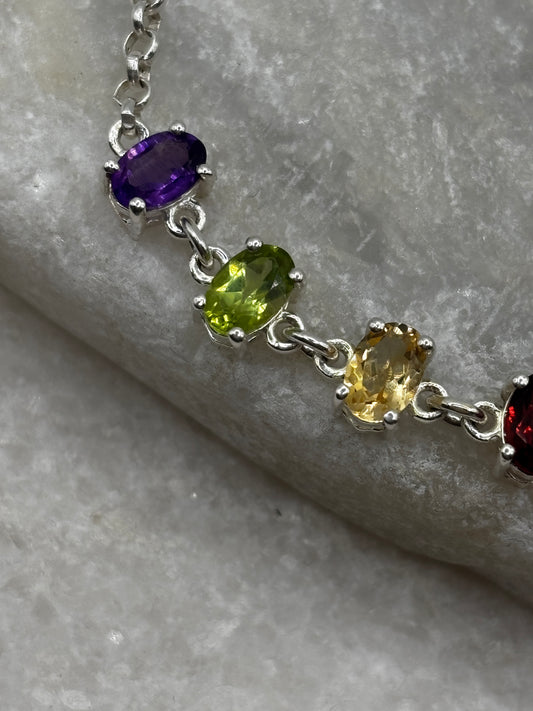 925 Sterling Silver Multi Gem T-Bar Bracelet - including amethyst, peridot, citrine, garnet and topaz