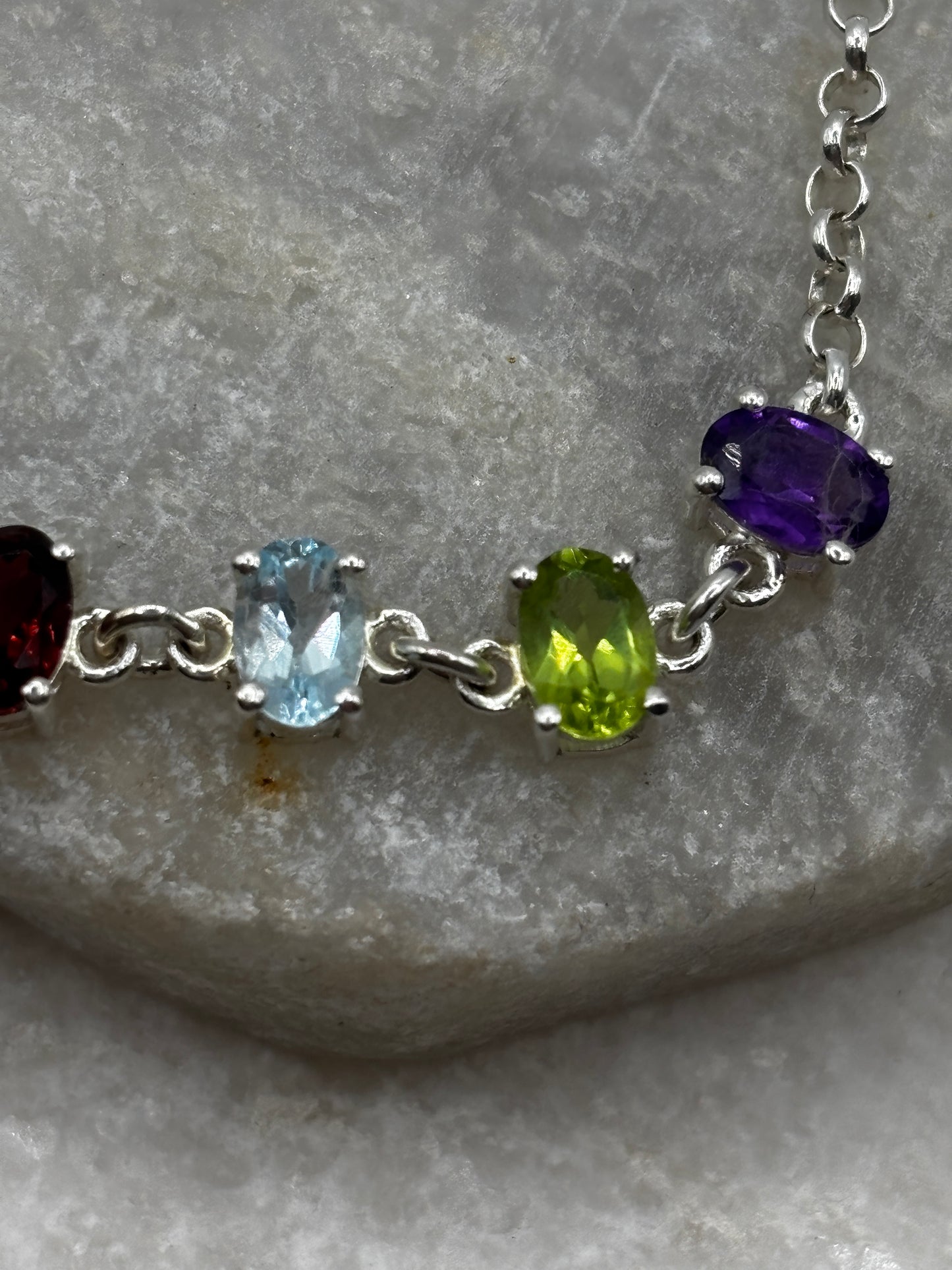 925 Sterling Silver Multi Gem T-Bar Bracelet - including amethyst, peridot, citrine, garnet and topaz
