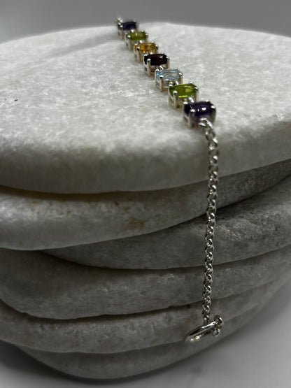 925 Sterling Silver Multi Gem T-Bar Bracelet - including amethyst, peridot, citrine, garnet and topaz