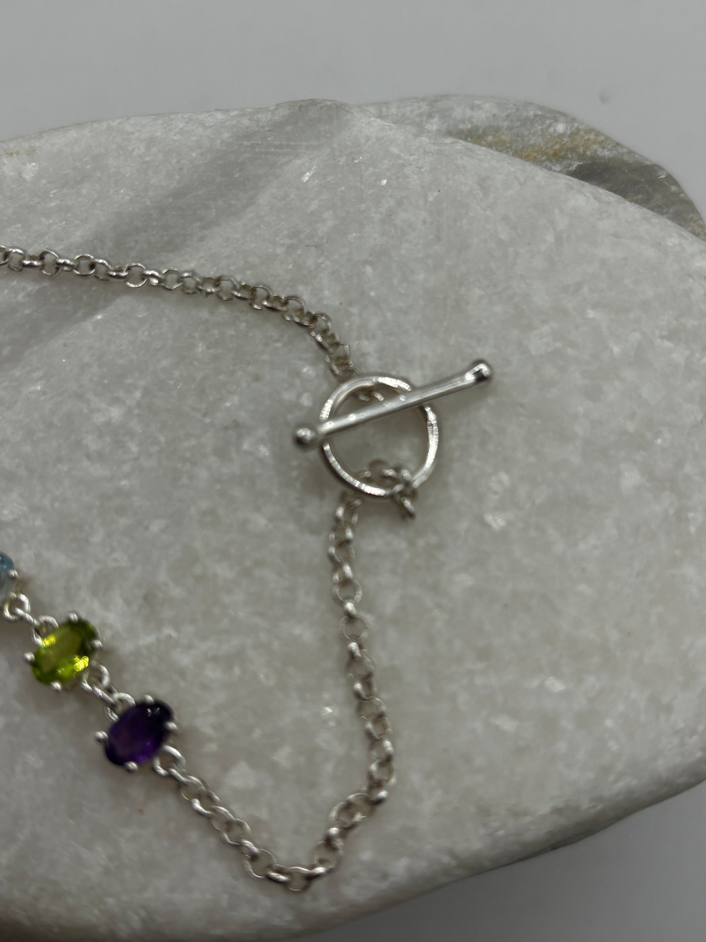 925 Sterling Silver Multi Gem T-Bar Bracelet - including amethyst, peridot, citrine, garnet and topaz